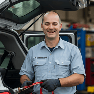 Ein Monteur im Außendienst von Ermeling&Söhne in der Werkstatt vor seinem Servicefahrzeug